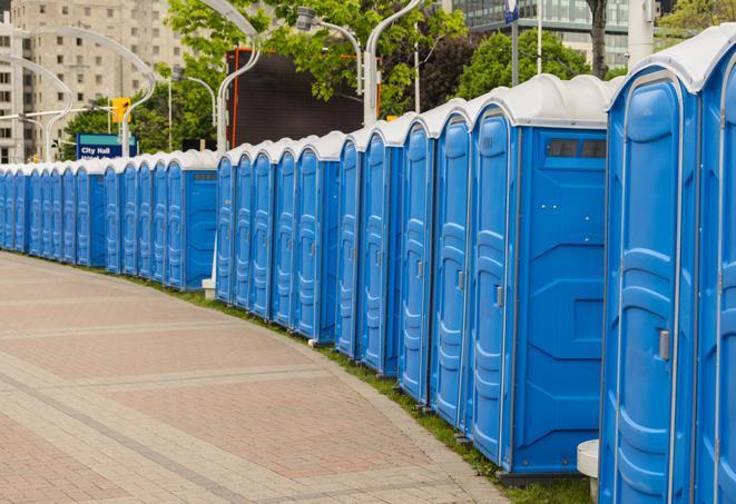 a row of portable restrooms at a fairground, offering visitors a clean and hassle-free experience in widnesburg